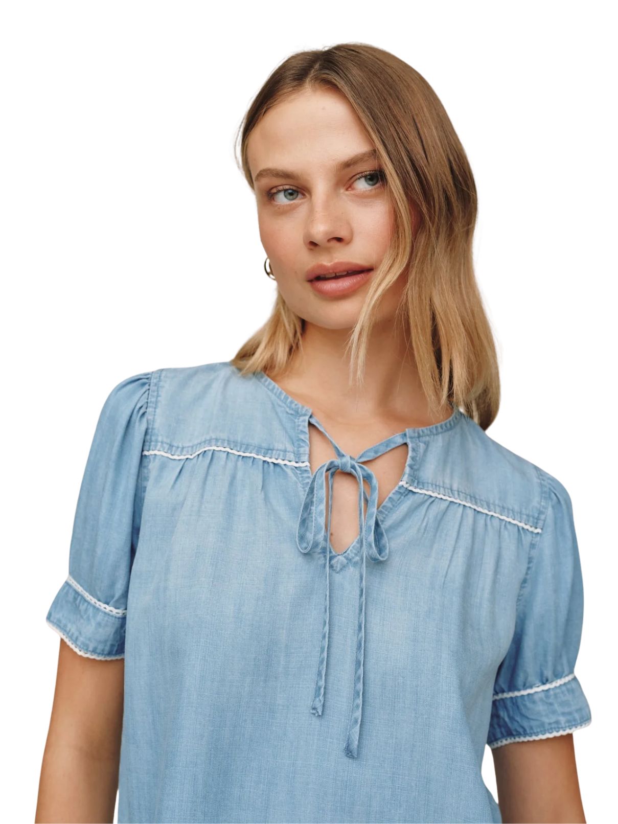 Bella Dahl light blue chambray pullover with white trim and tie neckline