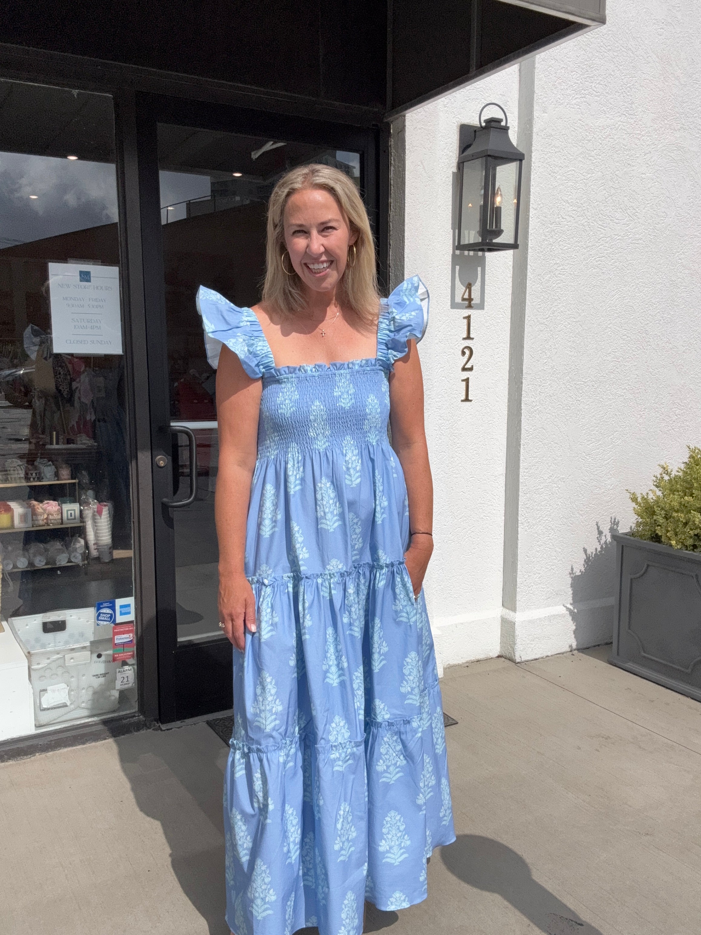 smocked flutter sleeve midi dress Floral Blue Flutter Sleeve Smocked Midi Dress | Sail to Sable