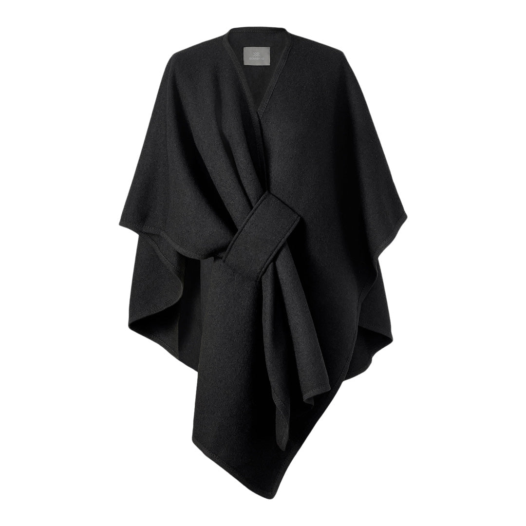 Black asymmetrical wrap scarf with tie belt by Soia & Kyo on white background