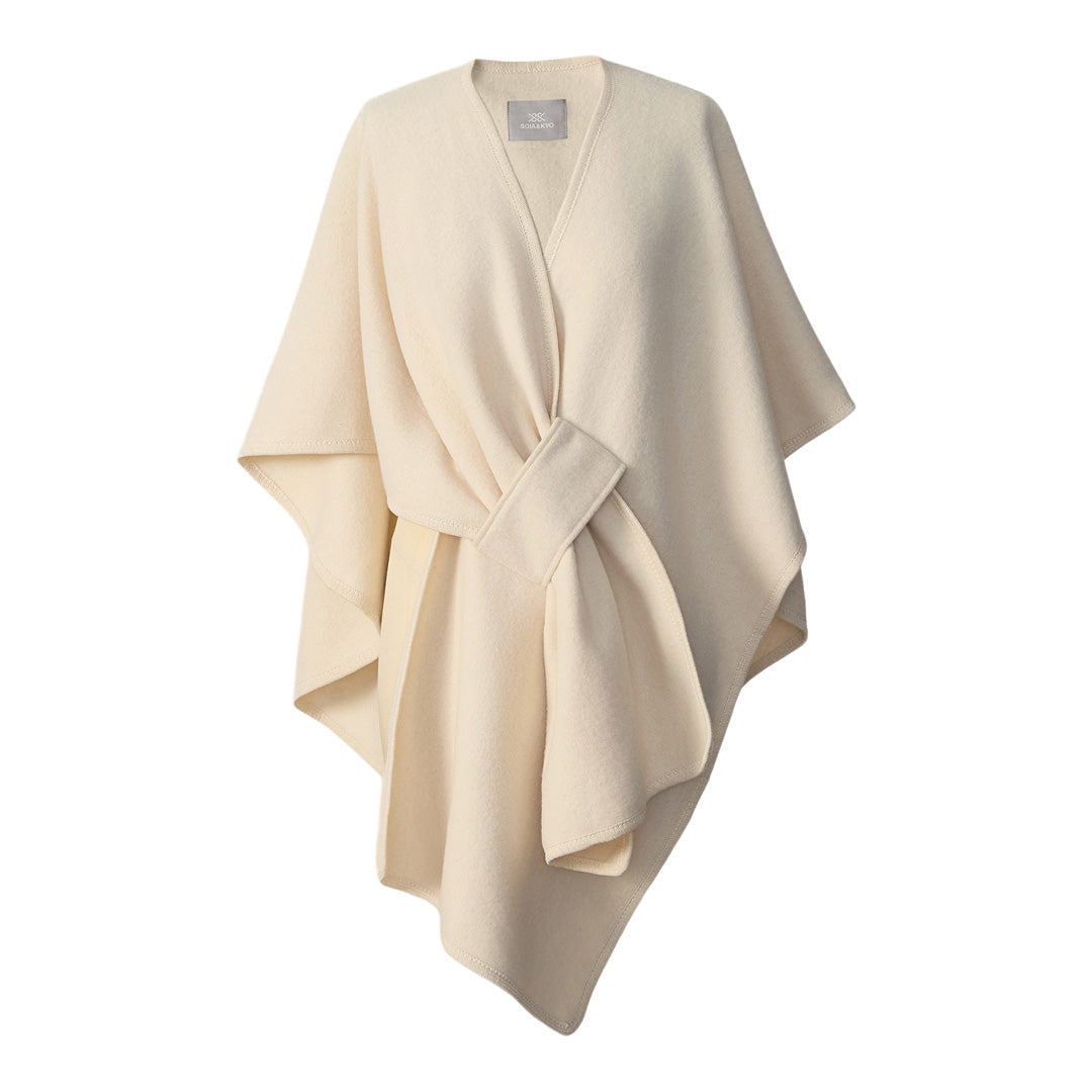 Soia & Kyo Claudelle cream colored wrap scarf with belt tie on white background