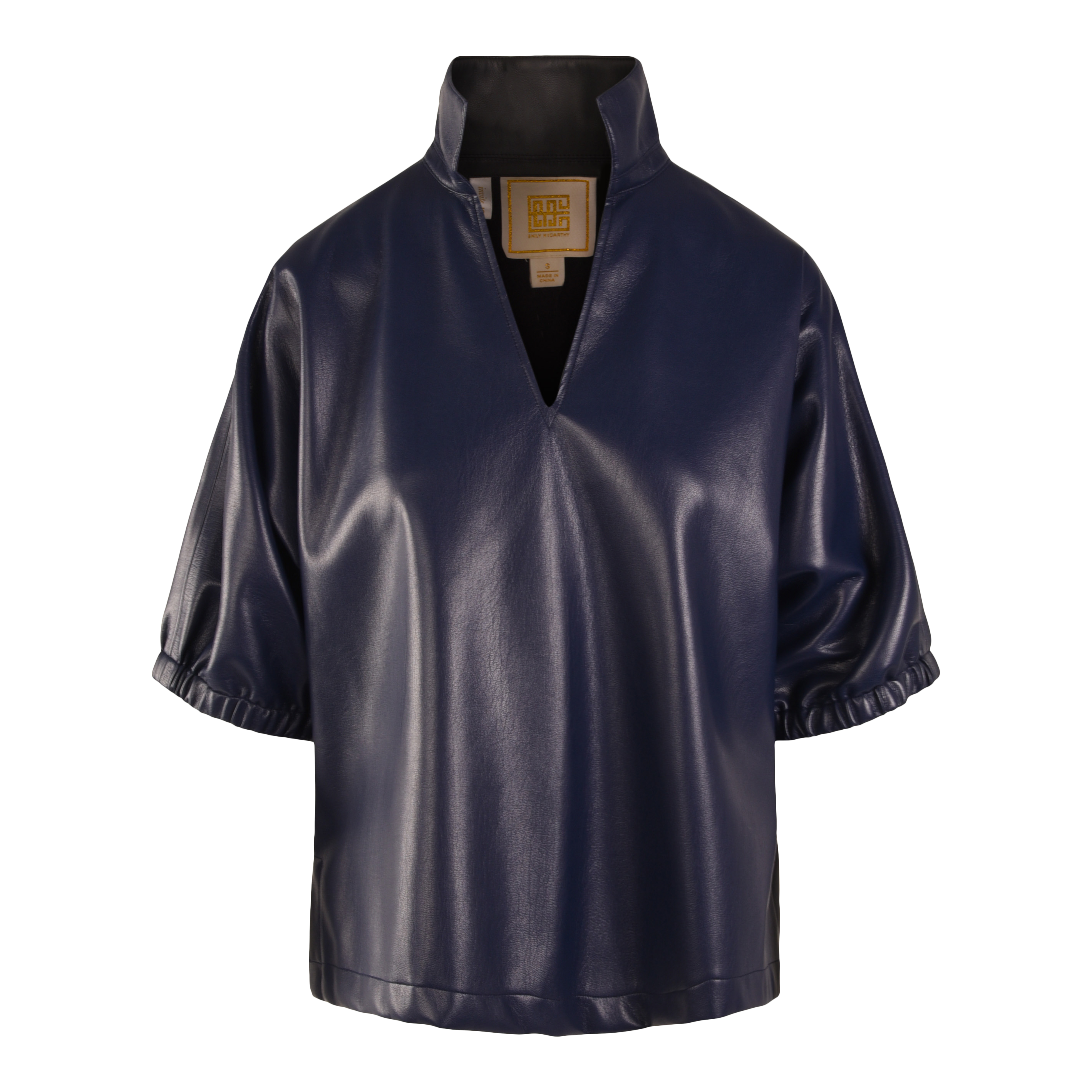 Navy vegan leather Poppy top with high collar and three-quarter sleeves