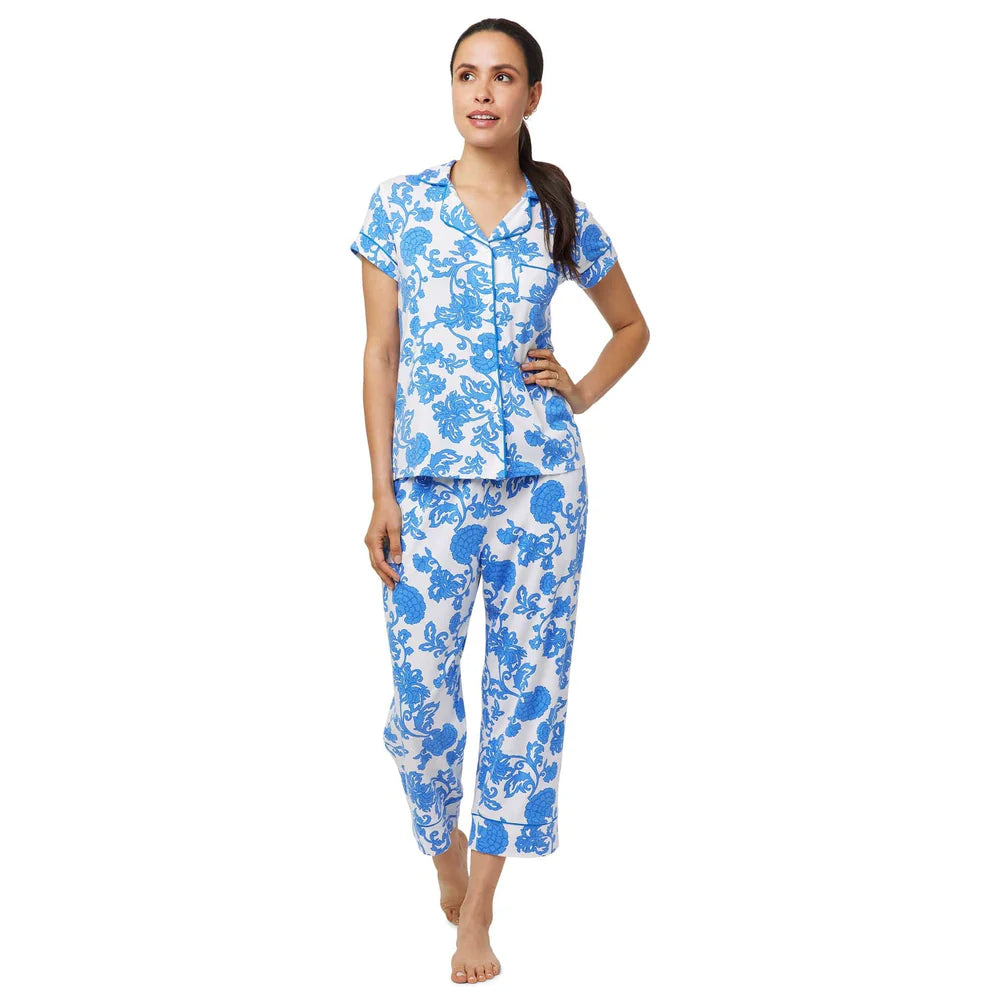 Pima Knit Capri Pajama Set - Blue Chrysanthéme