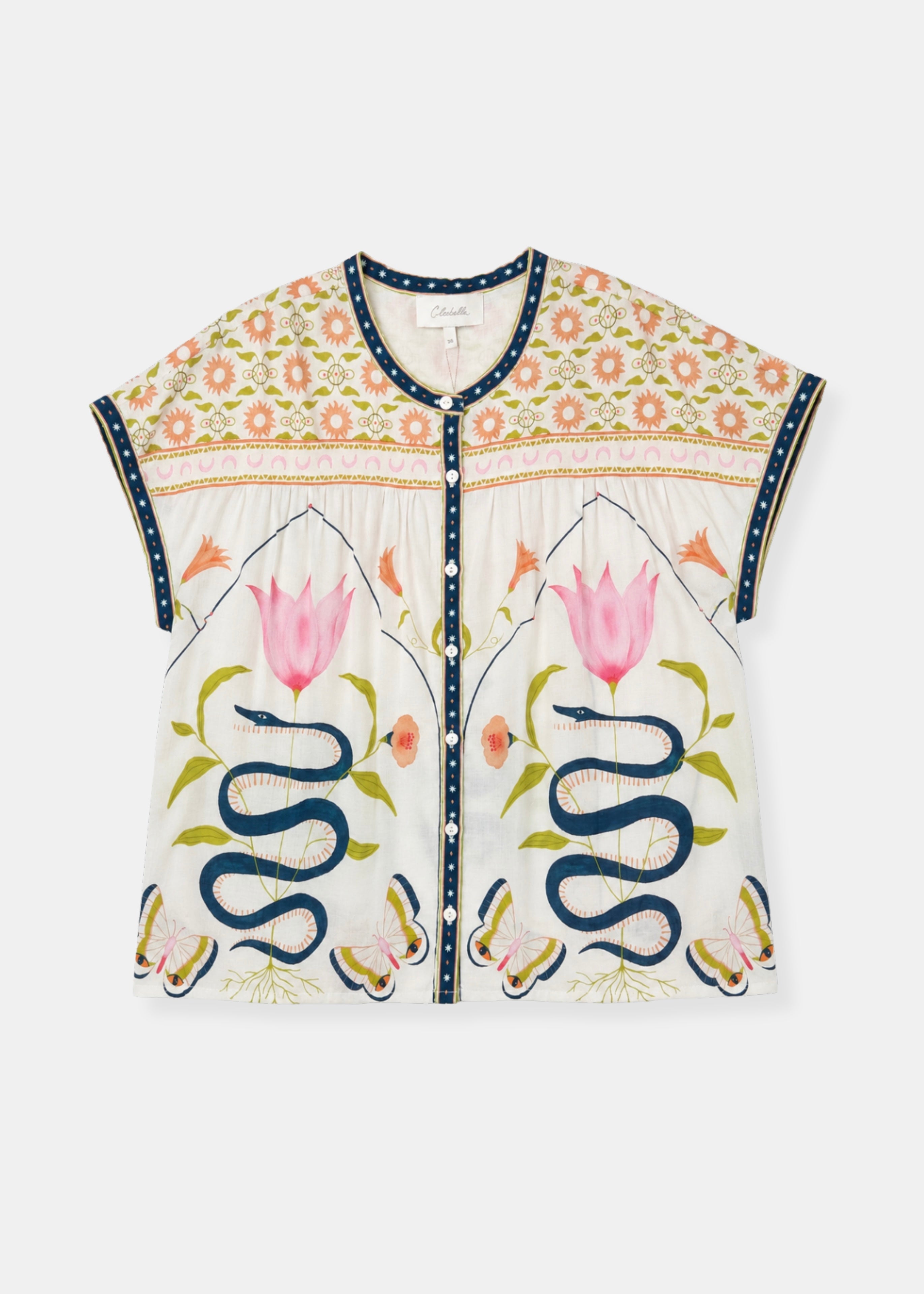 Cleobella Hadley Top in Montecito Print featuring floral patterns and blue snakes on white background