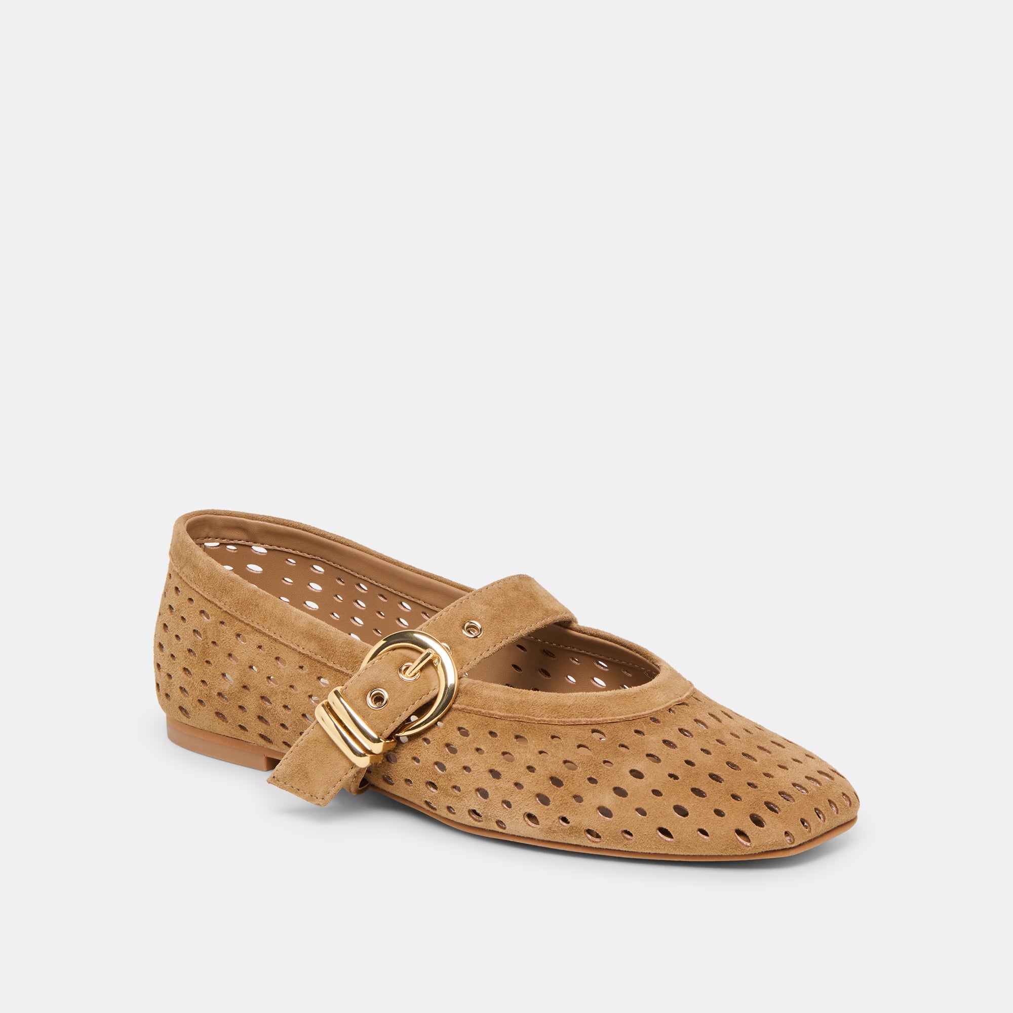 Dolce Vita Mikel I light brown perforated suede flat shoe with gold buckle detail