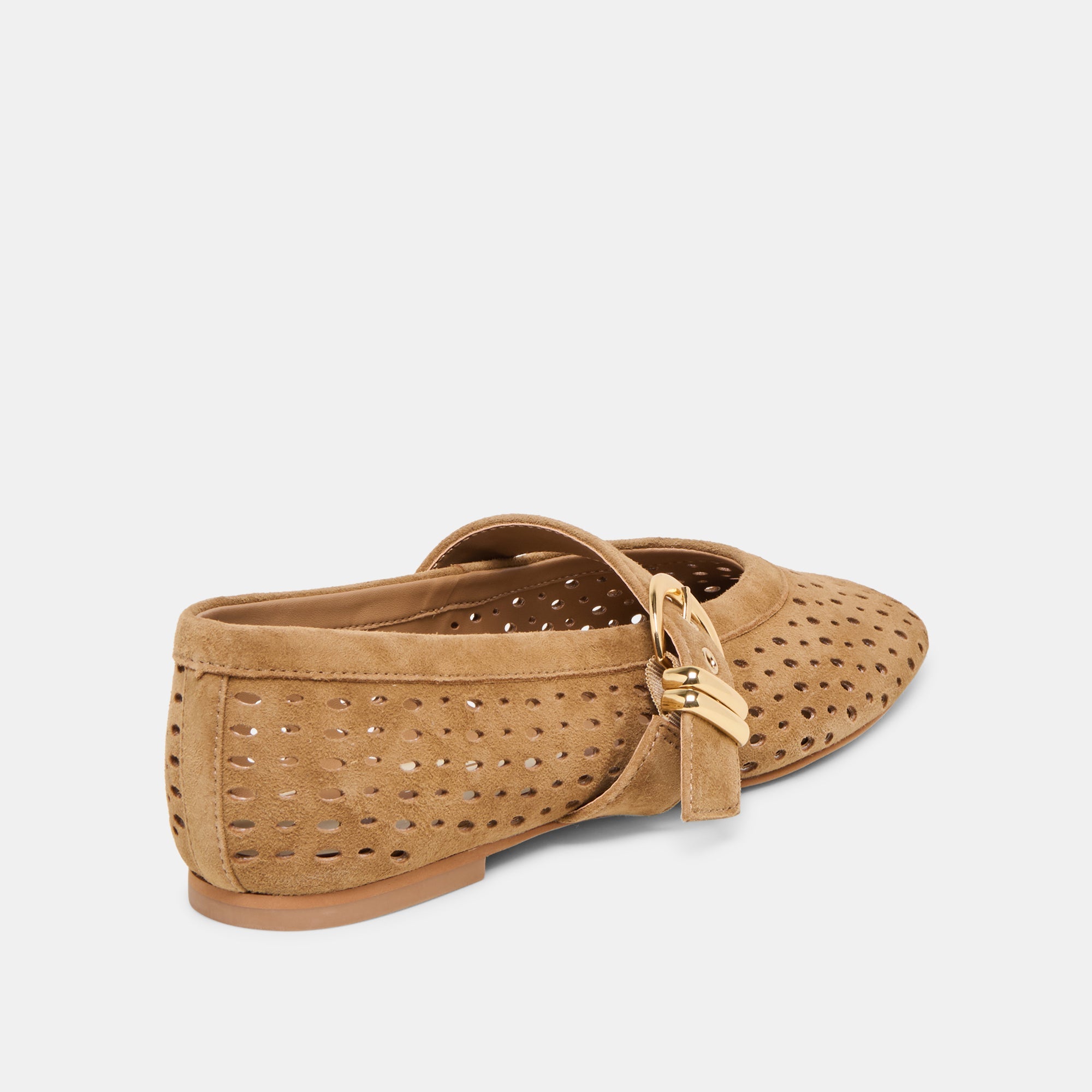 Dolce Vita Mikel light brown perforated suede flat with gold buckle detail