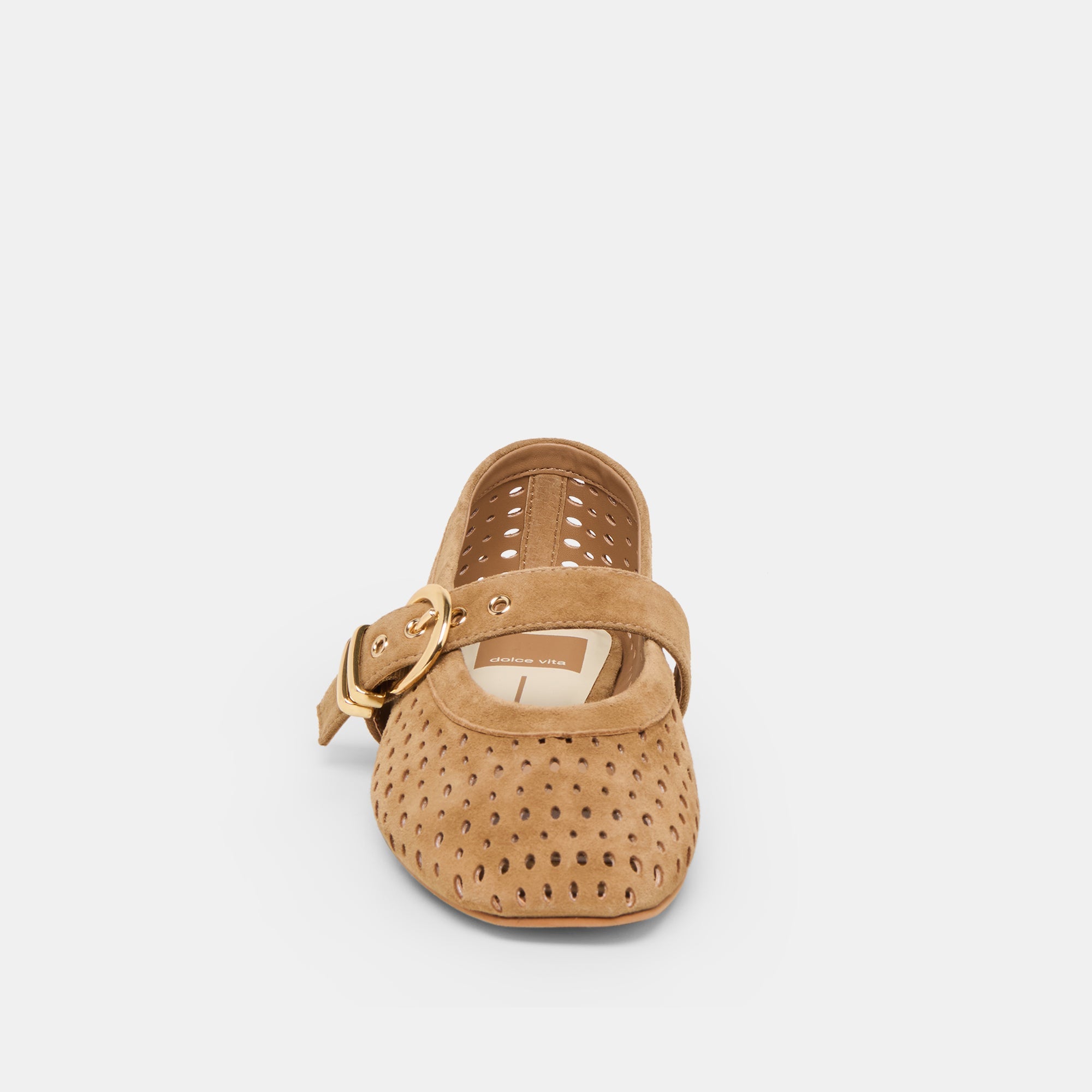 Dolce Vita Mikel perforated suede flat with ankle strap and buckle in light brown