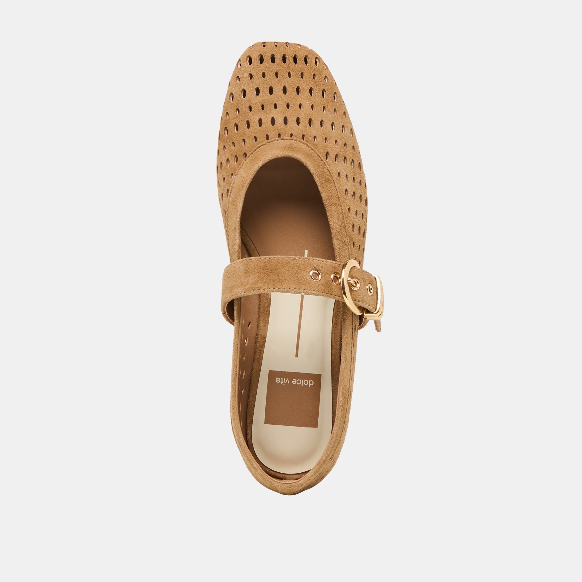Dolce Vita Mikel light brown perforated suede mary jane flat with ankle strap