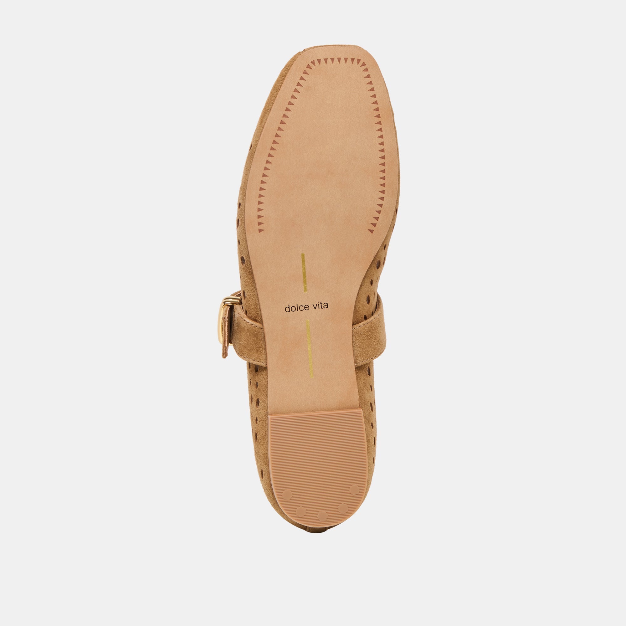 Dolce Vita Mikel light brown perforated suede shoe sole view showing ankle strap