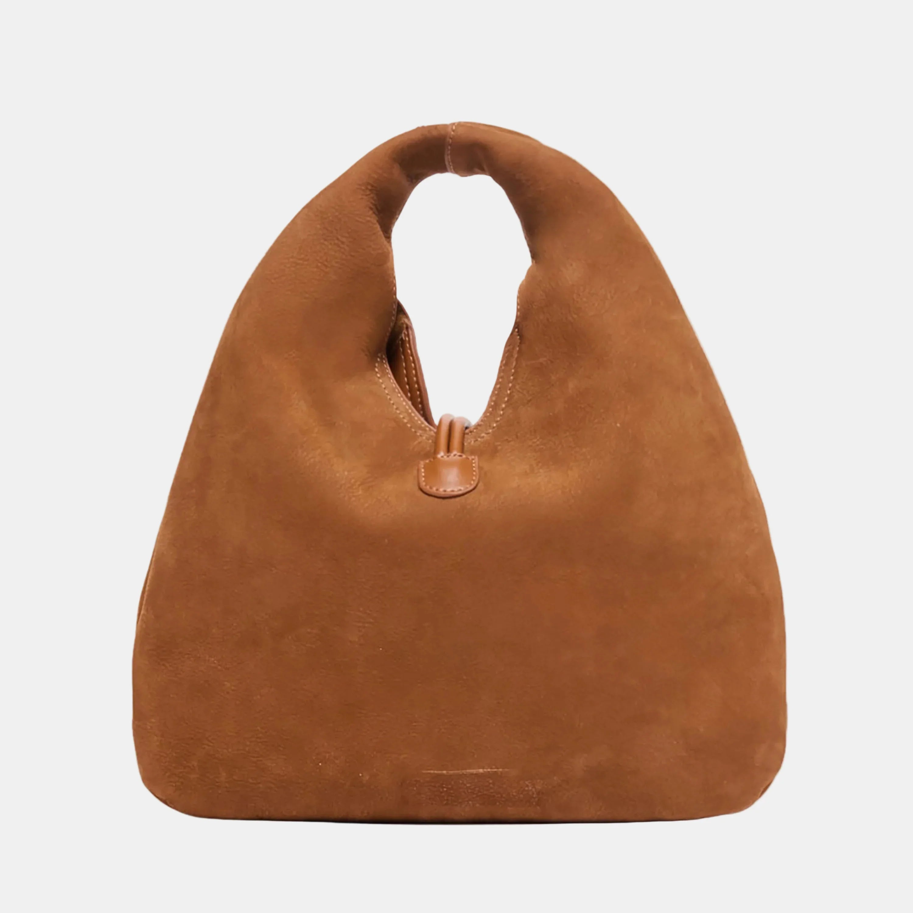 Dolce Vita Martin hobo bag in tobacco tan suede with top handle and leather tab detail