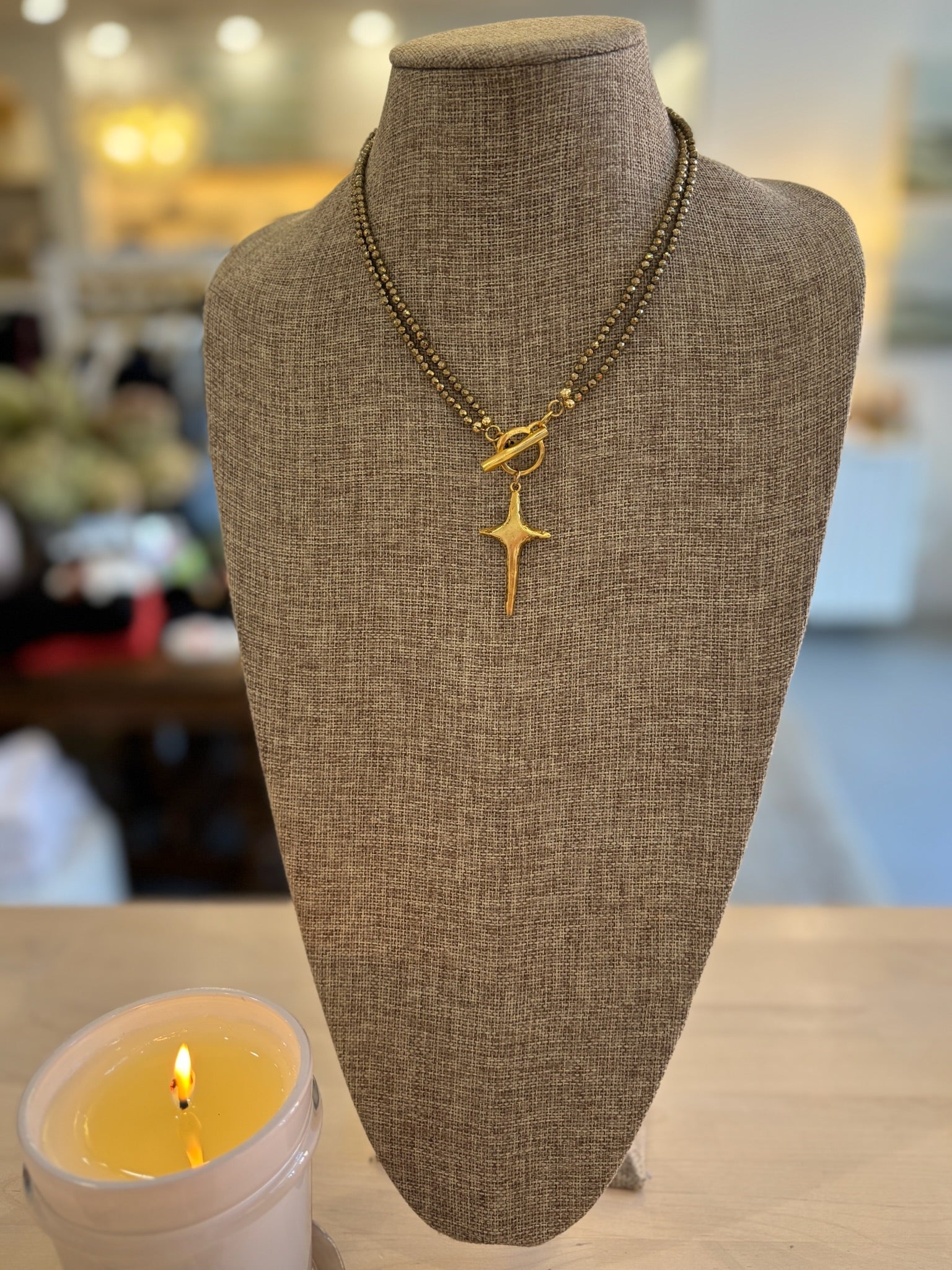 Chunky Cross Pendant on Pyrite Bead Chain