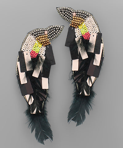 Bead & Feather Bird Earrings Black/Multi