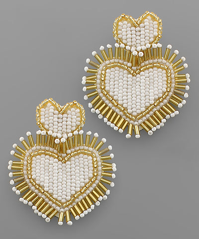 Double Bead Heart Earrings White/Gold