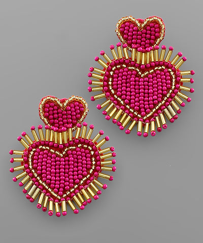 Double Bead Heart Earrings Fuchsia/Gold