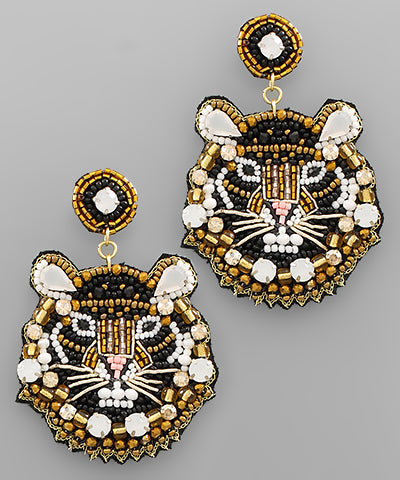 Tiger Theme Beaded Earrings - Black/Gold