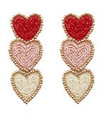 3 Beaded Heart Earrings - Red