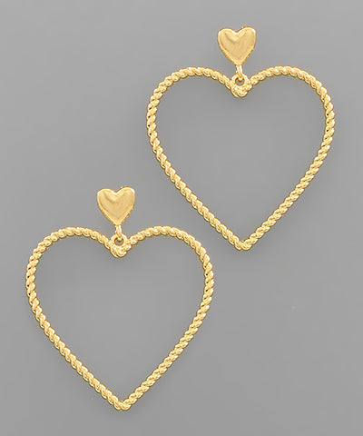 Rope Textured Heart Earrings - Gold