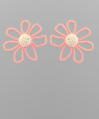 Wrapped Raffia Flower Earrings Pink