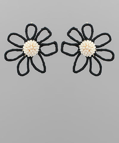 Wrapped Raffia Flower Earrings Black