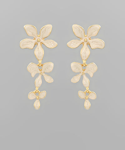 Graduated 3 Flower Drop Earrings - Ivory/Gold