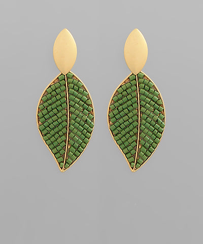 Beaded Metal Leaf Dangle Earrings