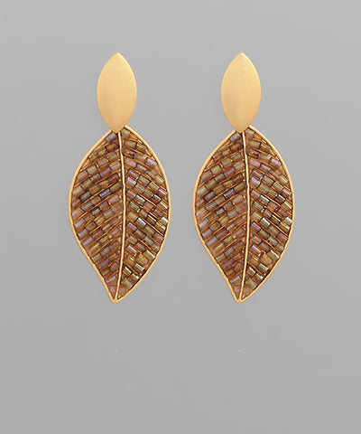 Beaded Metal Leaf Dangle Earrings