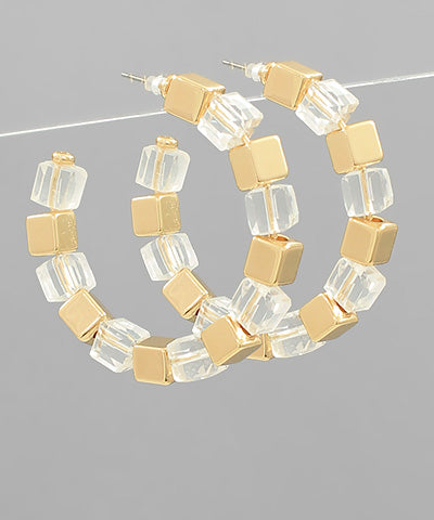 Metal & Acrylic Cubic Bead Hoops - Clear/Gold