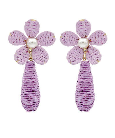 Pearl & Raffia Flower Dangle Earrings - Lavender