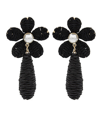 Pearl & Raffia Flower Dangle Earrings - Black