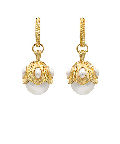 Pearl Ball Dangling Textured Hoops - Cream / Vintage Gold