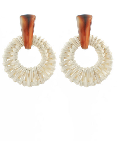 Rattan Circle & Acetate Link Earrings - Ivory/Brown