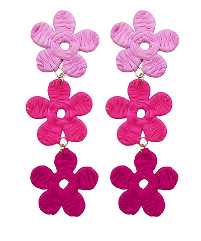 Raffia Flower 3 Drop Earrings Pink/Fuchsia