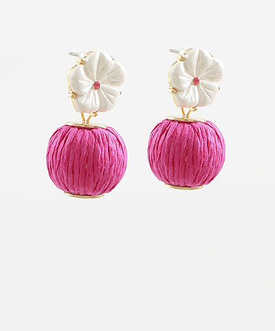 Cream Flower & Raffia Ball Drop Earrings Fuchsia