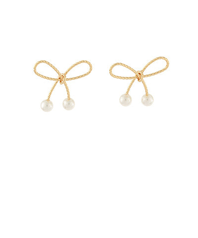 Brass Bow & Pearl Edge Earrings Gold