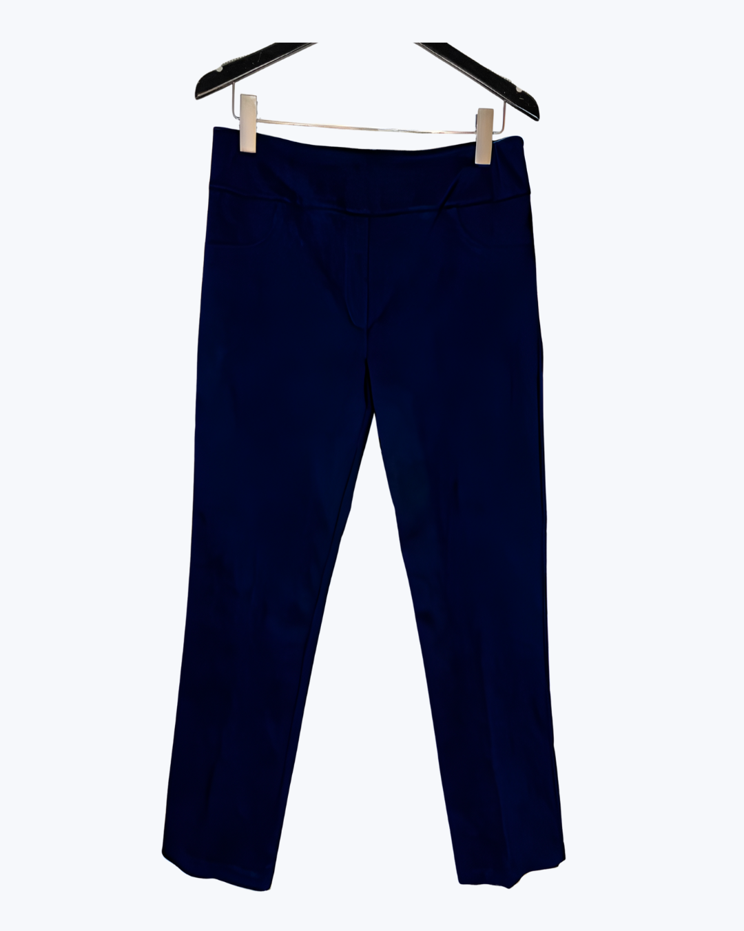 Elliott Lauren Magic Pant in petrol blue hanging on professional clothing hanger