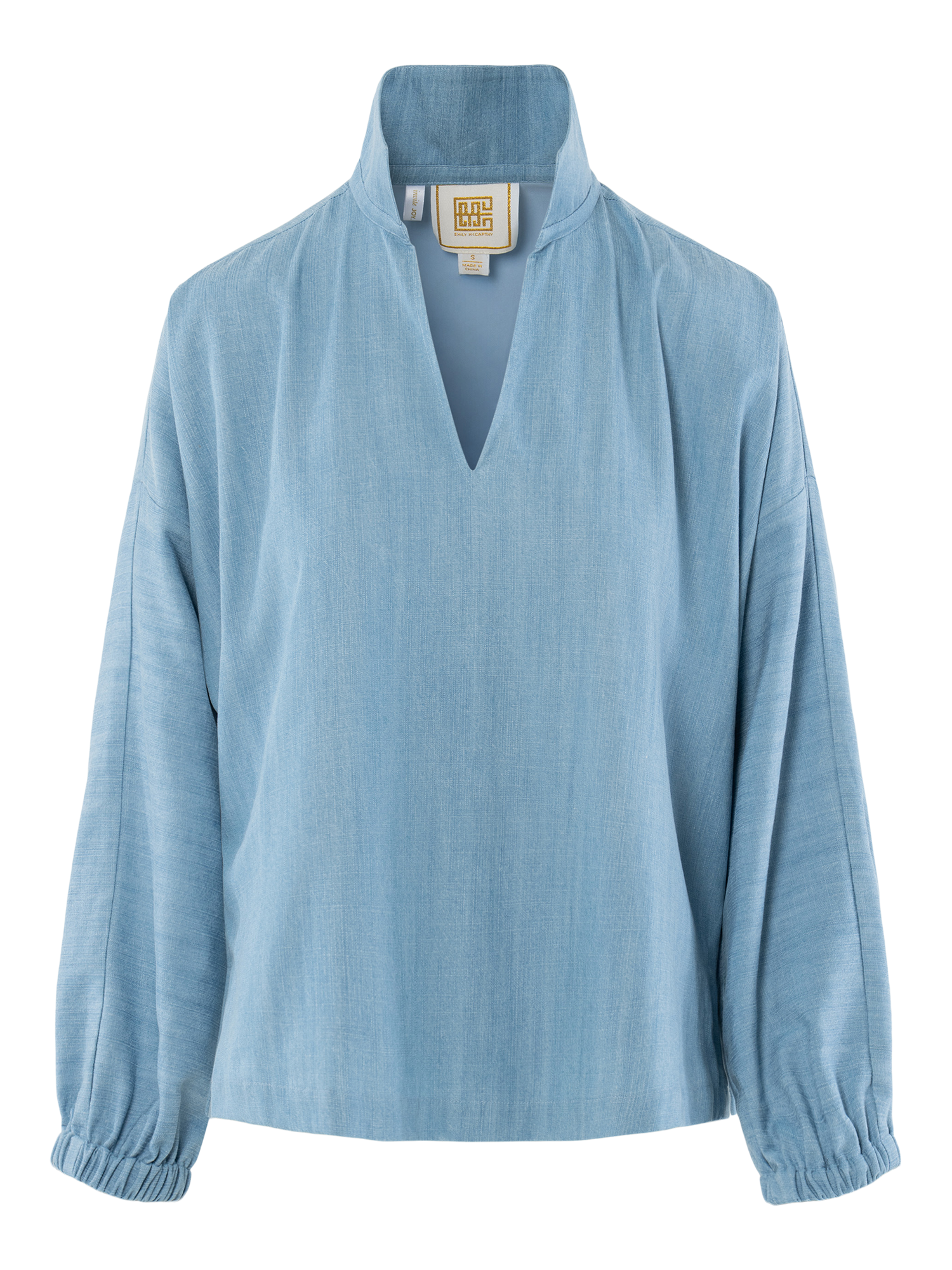 Emily McCarthy Long Sleeve Poppy Pullover in light blue denim with v-neck and elastic cuffs