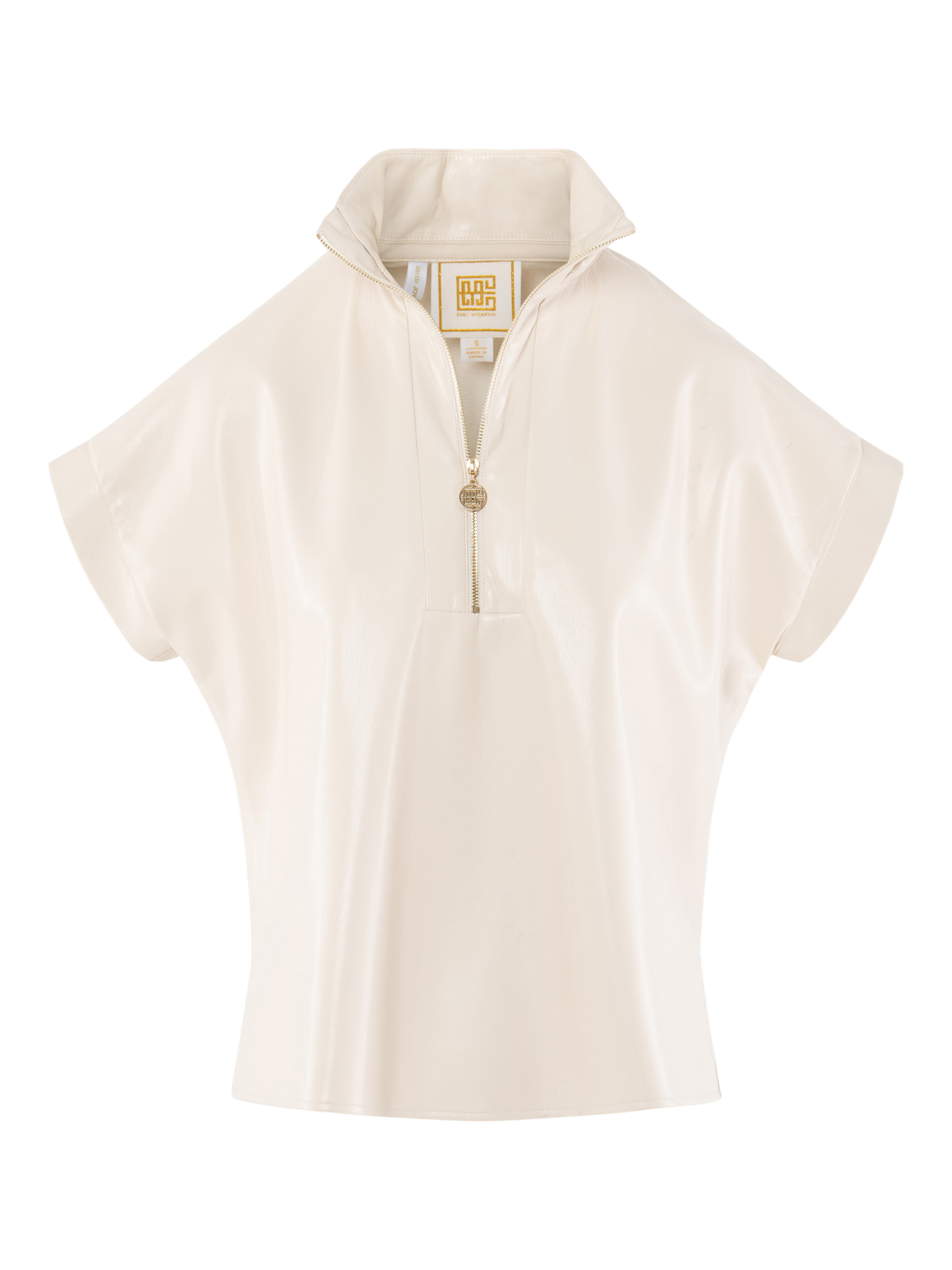 Emily McCarthy Poppy Top in sandshell vegan leather with quarter zip and short sleeves