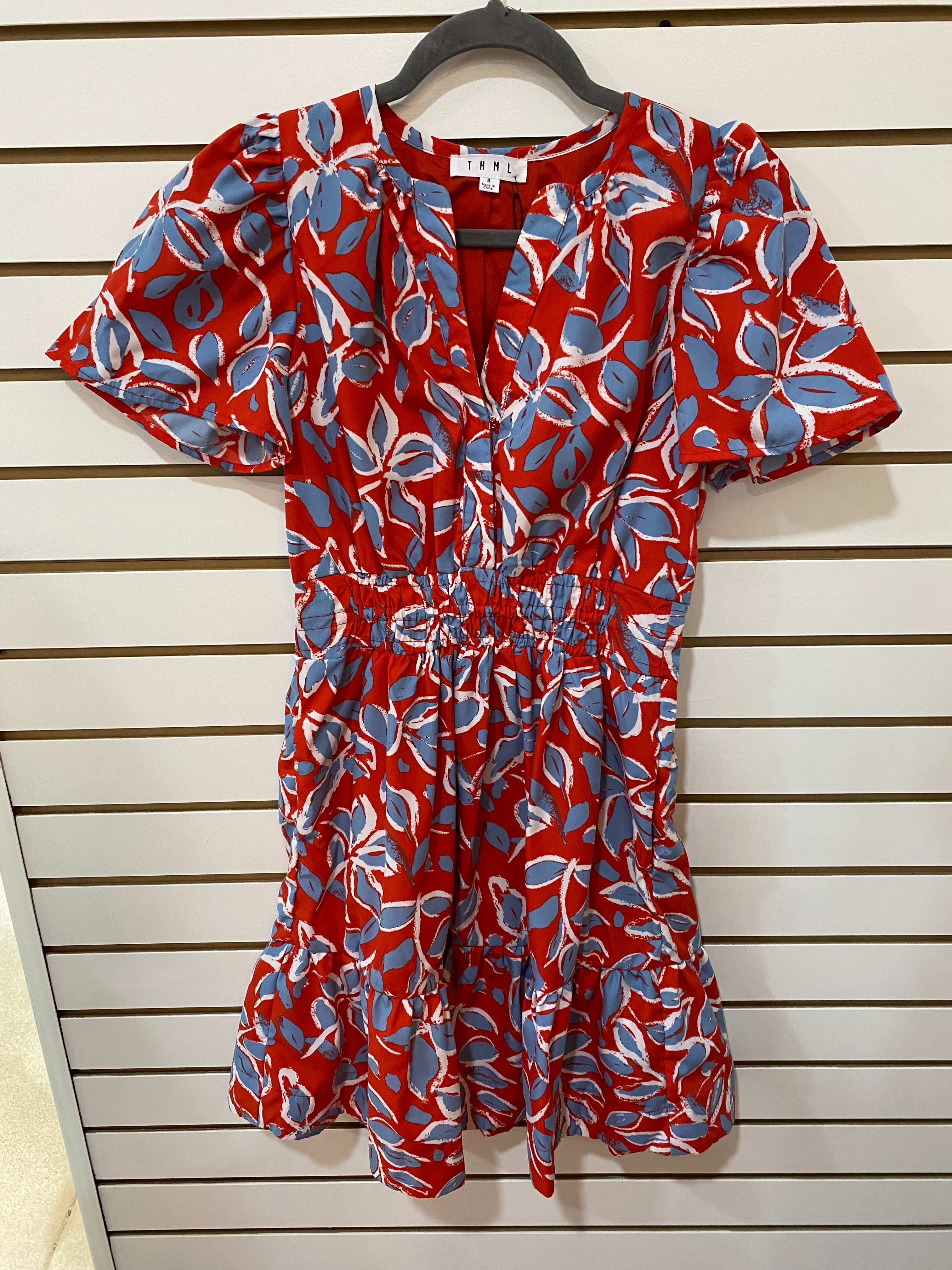 Short Sleeve Smocked Print Dress Red