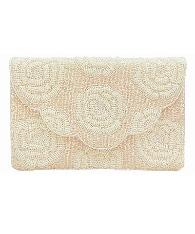 Beaded Rose Clutch Ivory