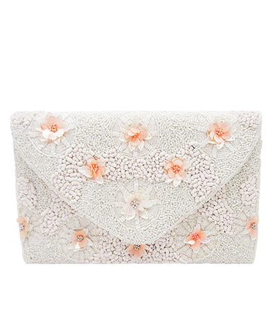 Floral Applique Beaded Clutch Ivory