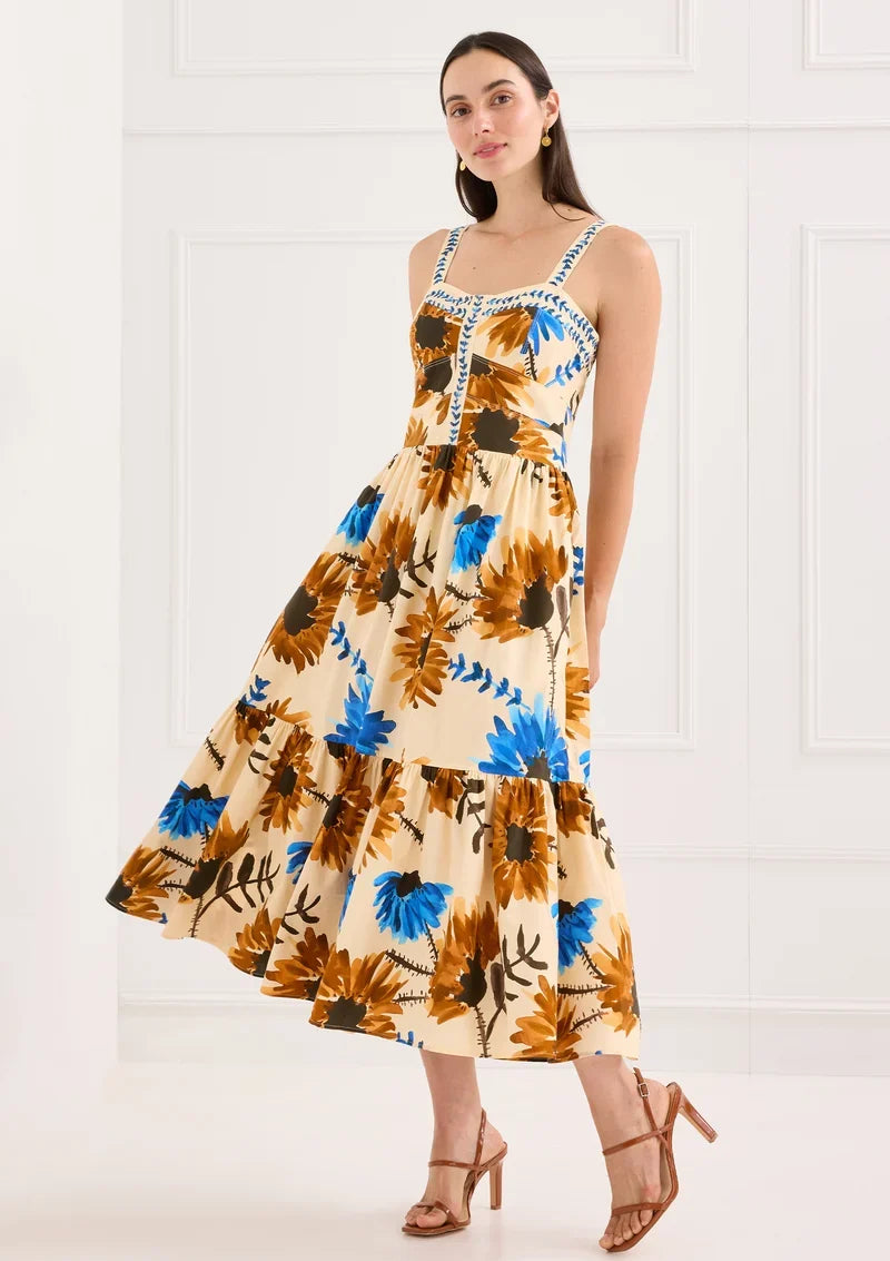 Alivia Gianna Dress in Sunflower Haze floral print midi dress with embroidered straps