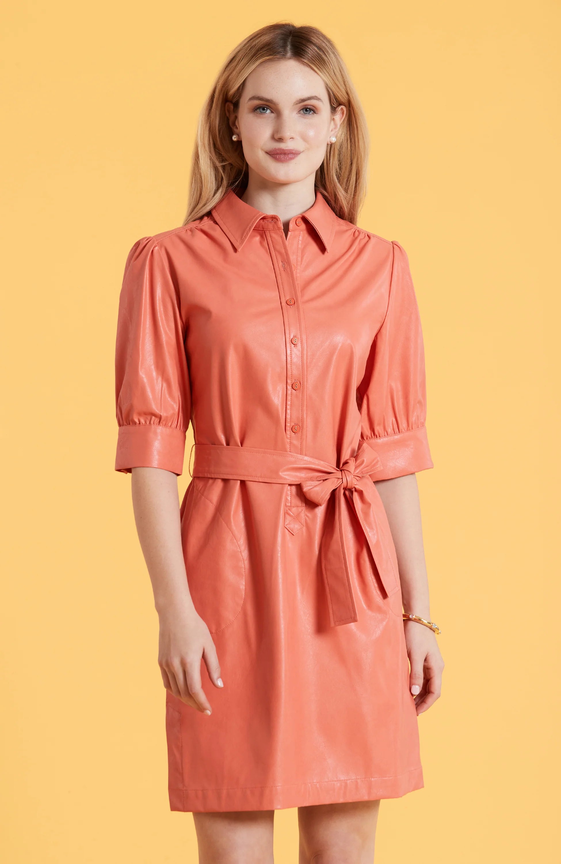 Ziva Vegan Leather Button Down Dress Coral Reef