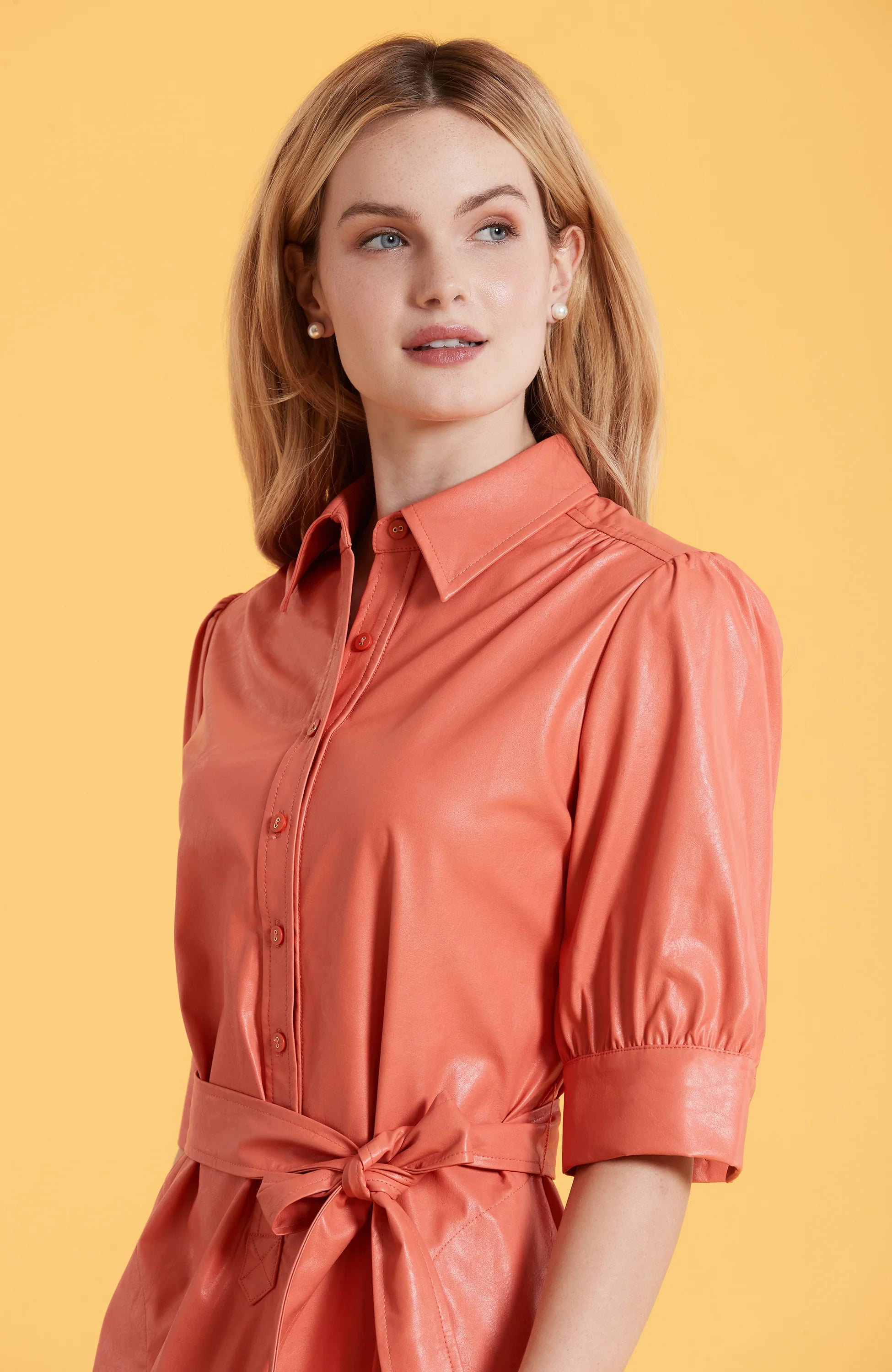 Ziva Vegan Leather Button Down Dress Coral Reef