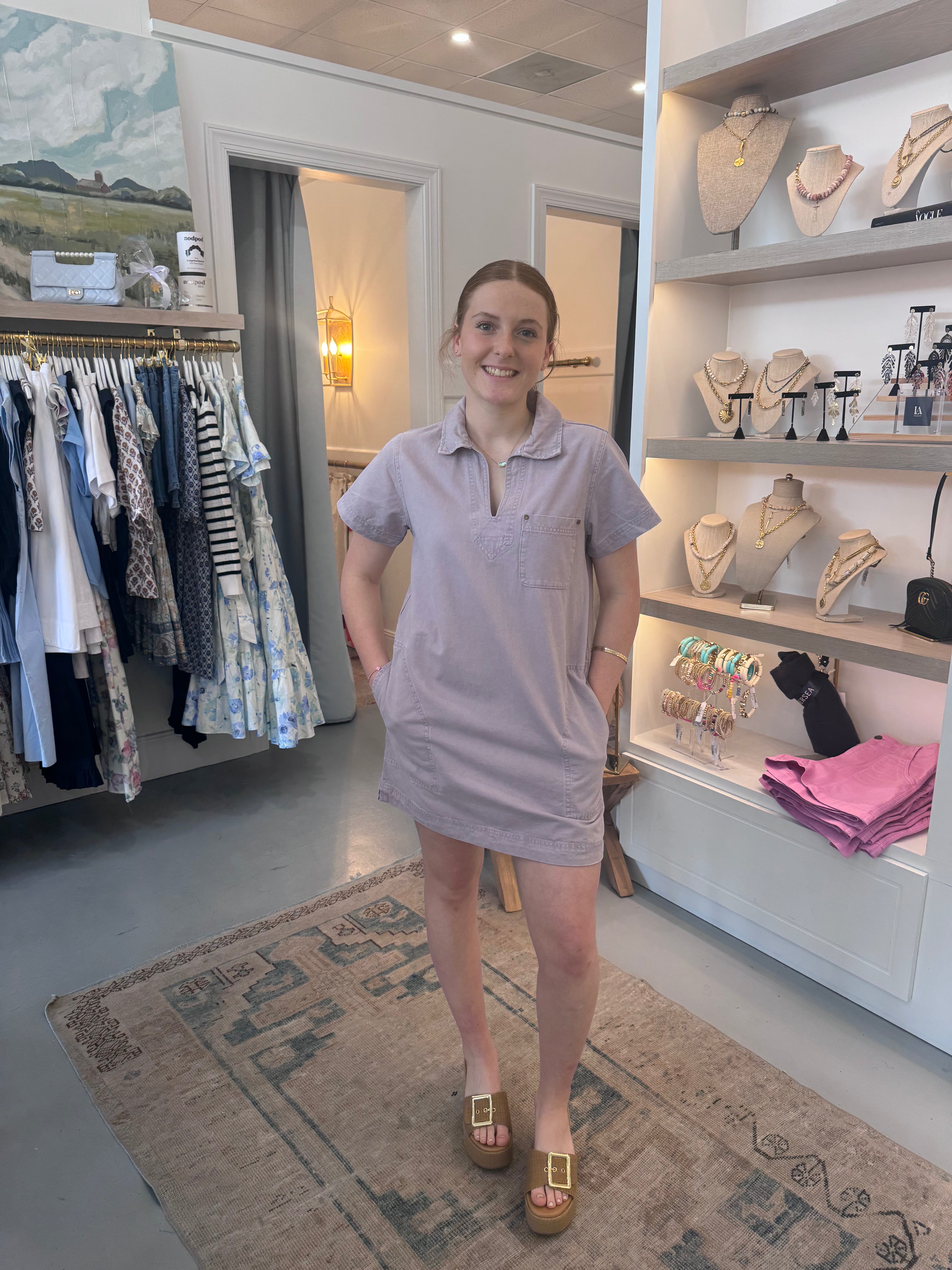 Twill Split Neck Collared Dress | Thistle
