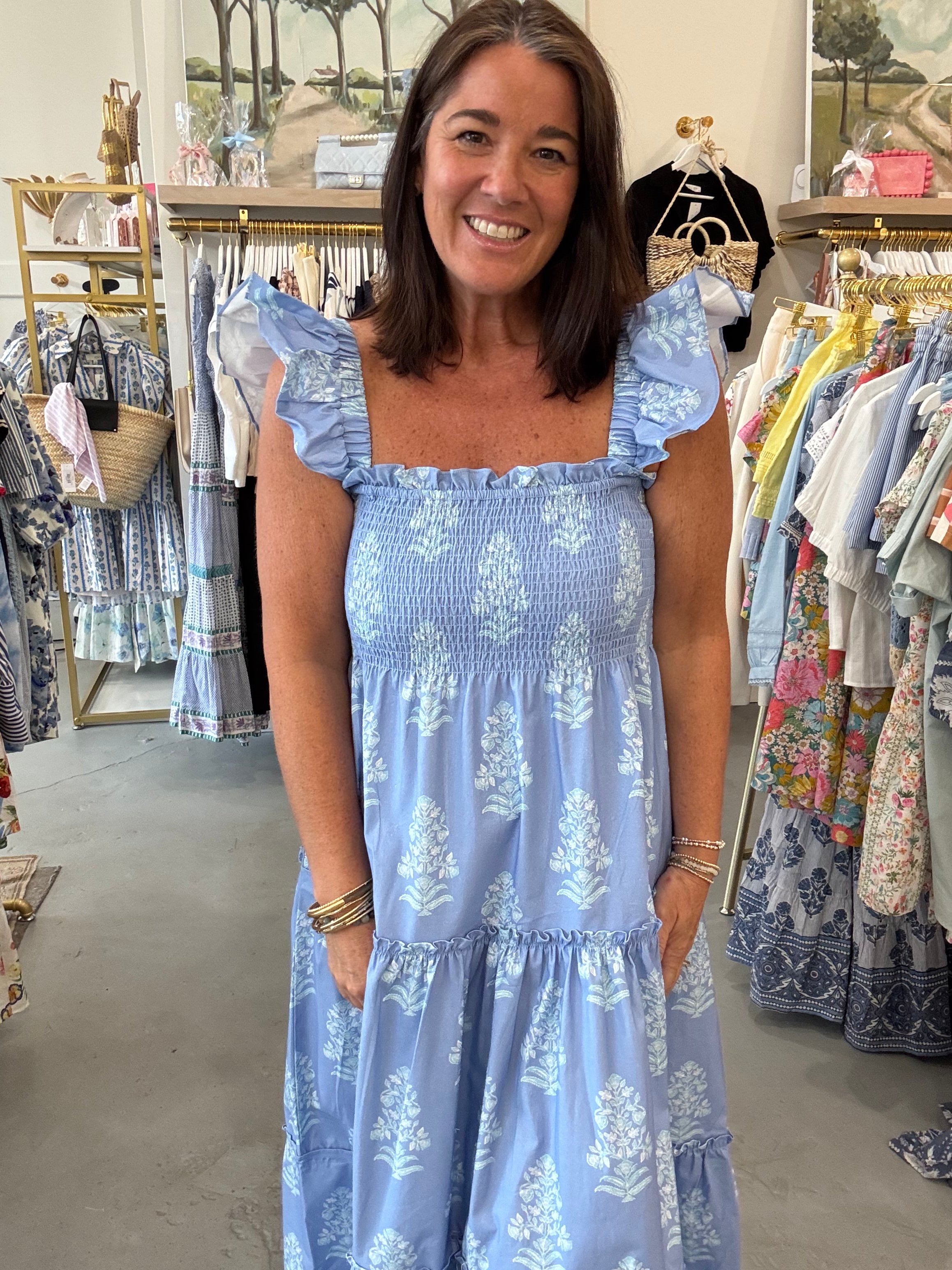 Flutter Sleeve Smocked Midi | Floral Blue