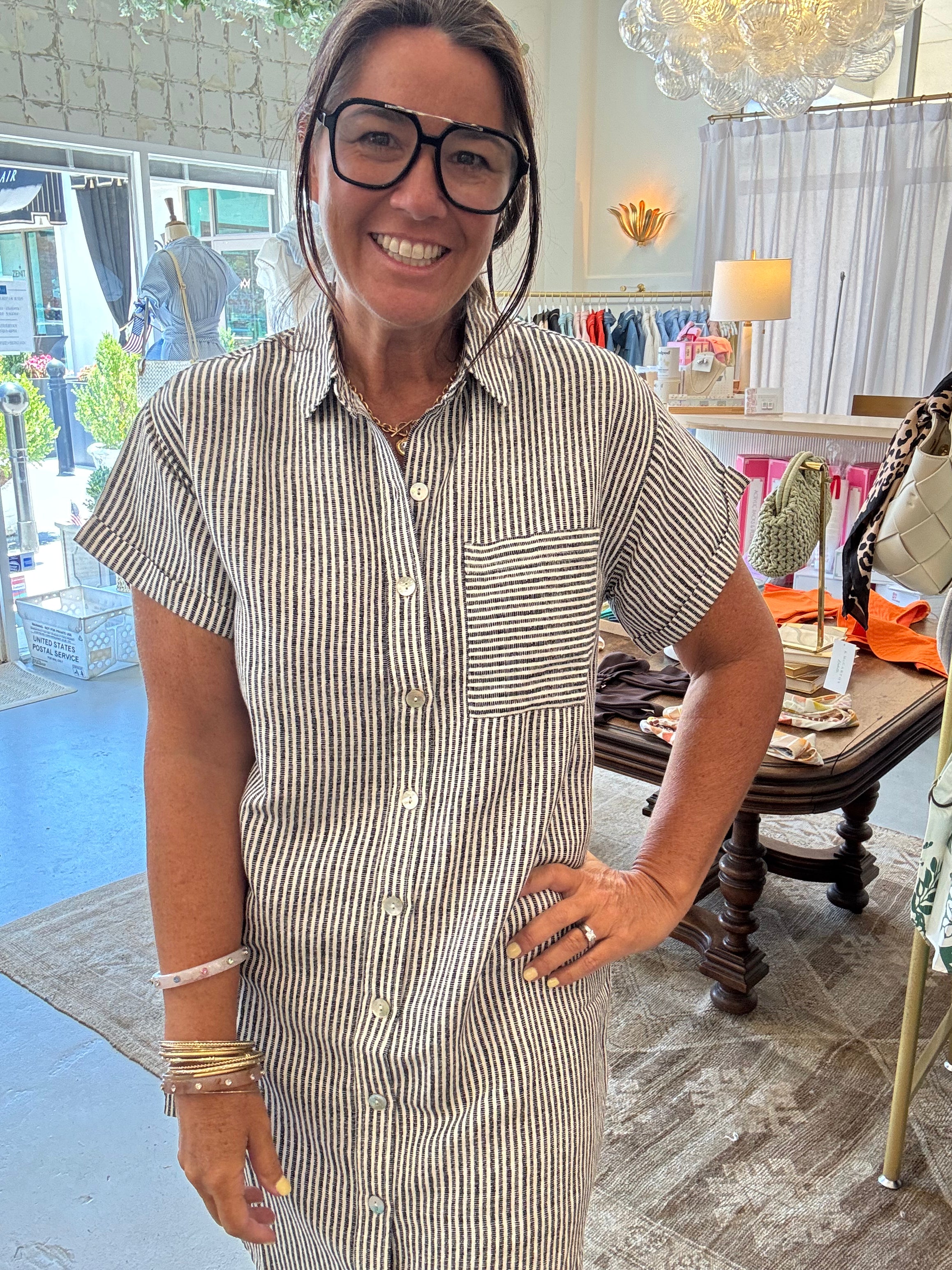 Roll Sleeve Pocket Shirt Dress | Hatch Stripe