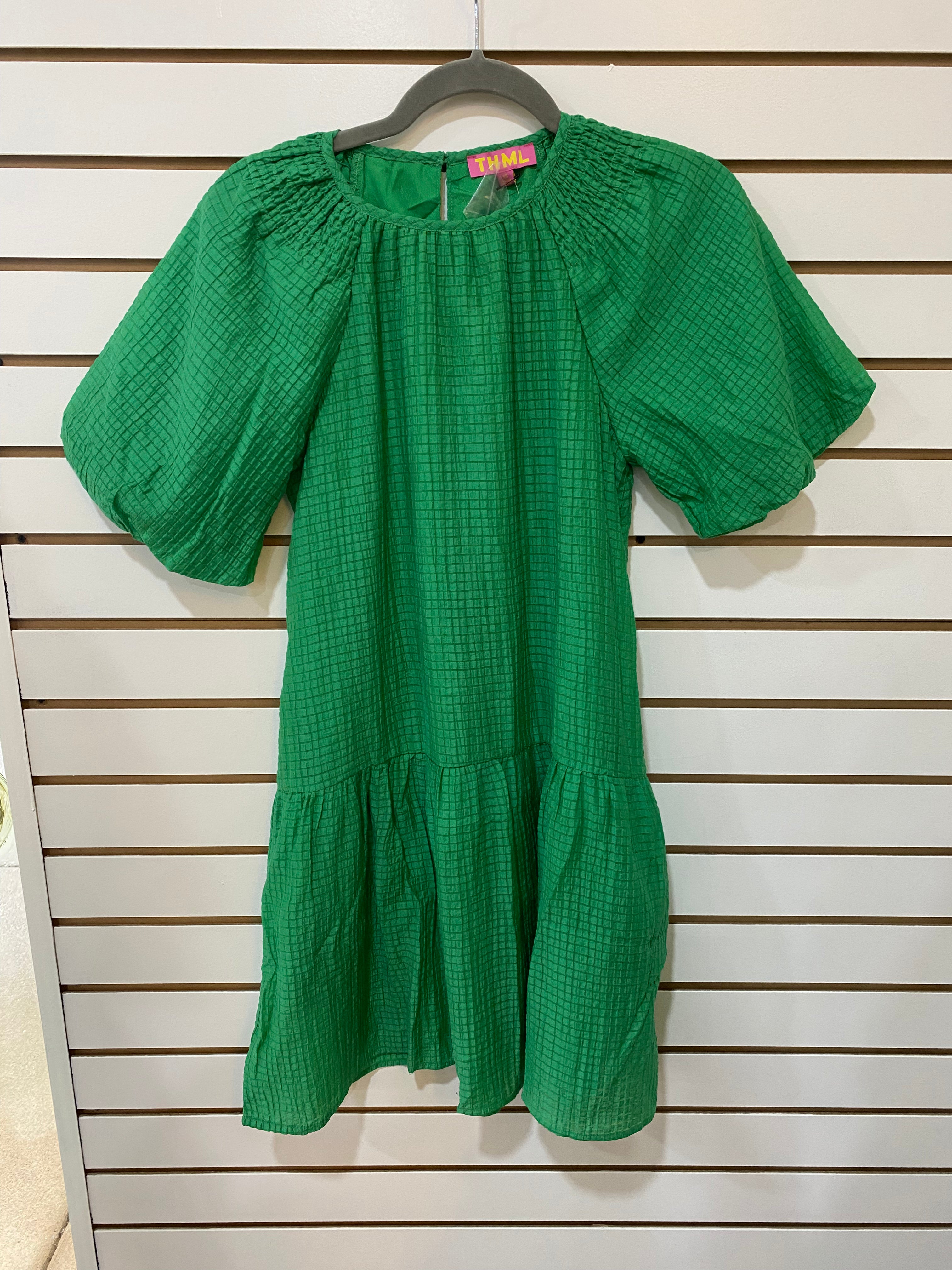 Puff Sleeve Gingham Dress Green