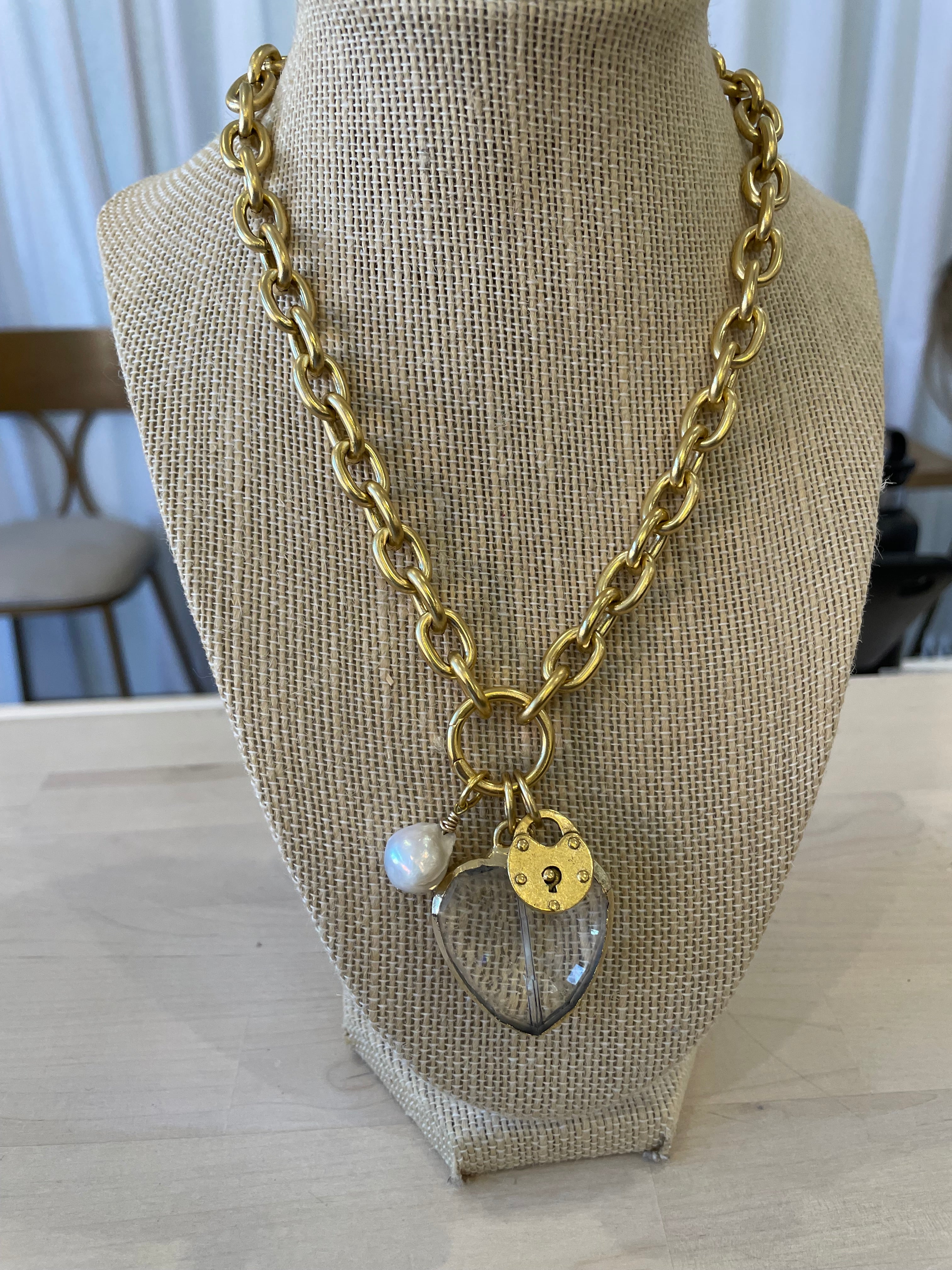 Heart, Pearl, Lock on Gold Chain