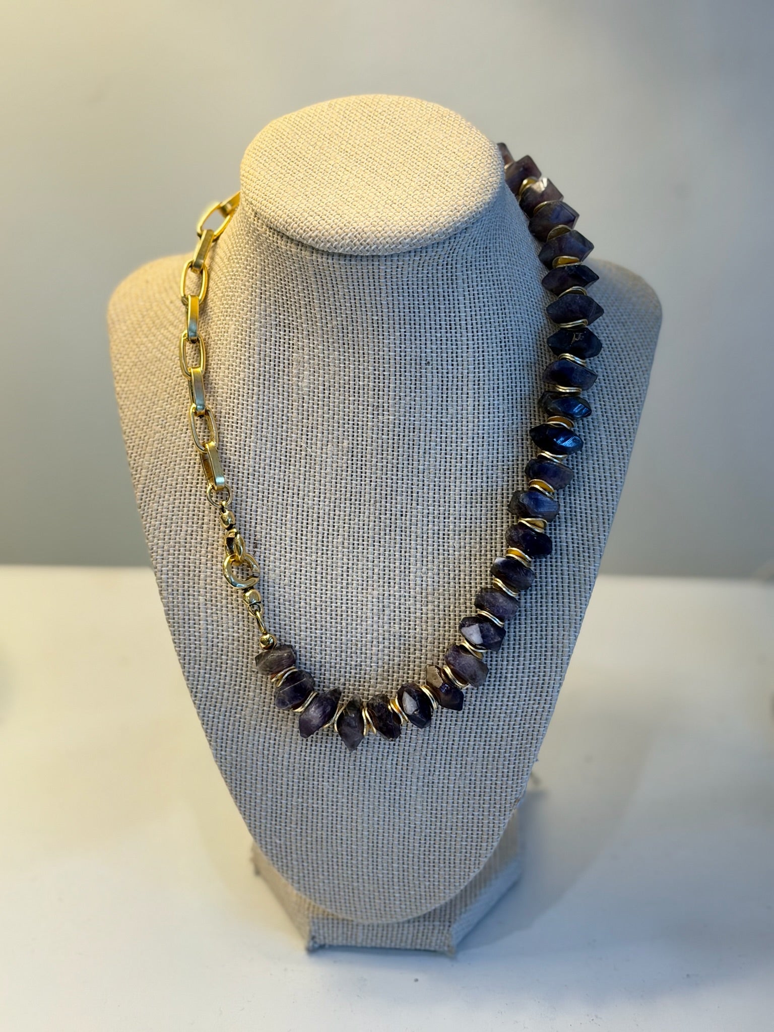 Purple Stone & Half Chain Necklace