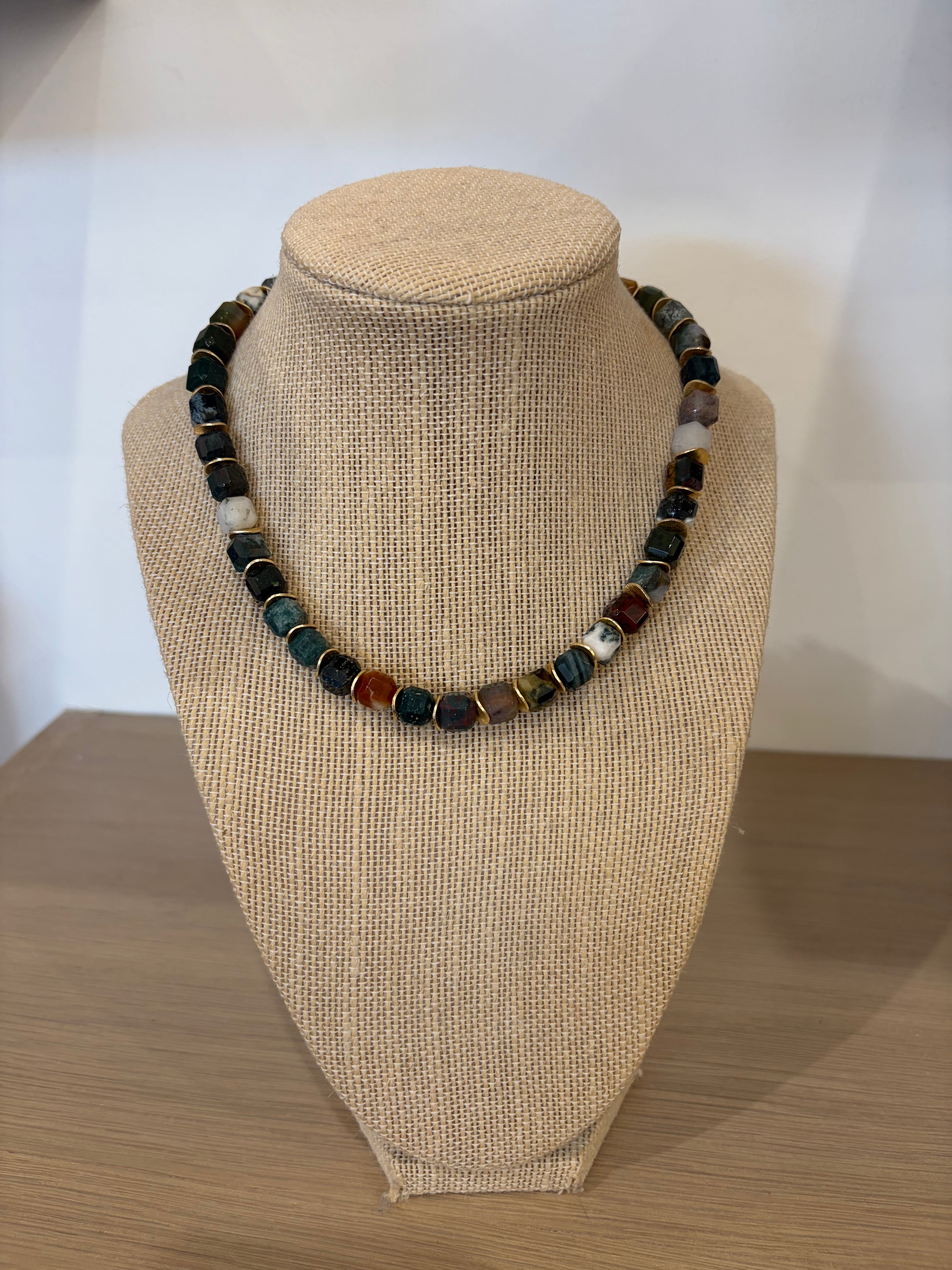 Square Stone Necklace | Green, Gold Disc, Brown