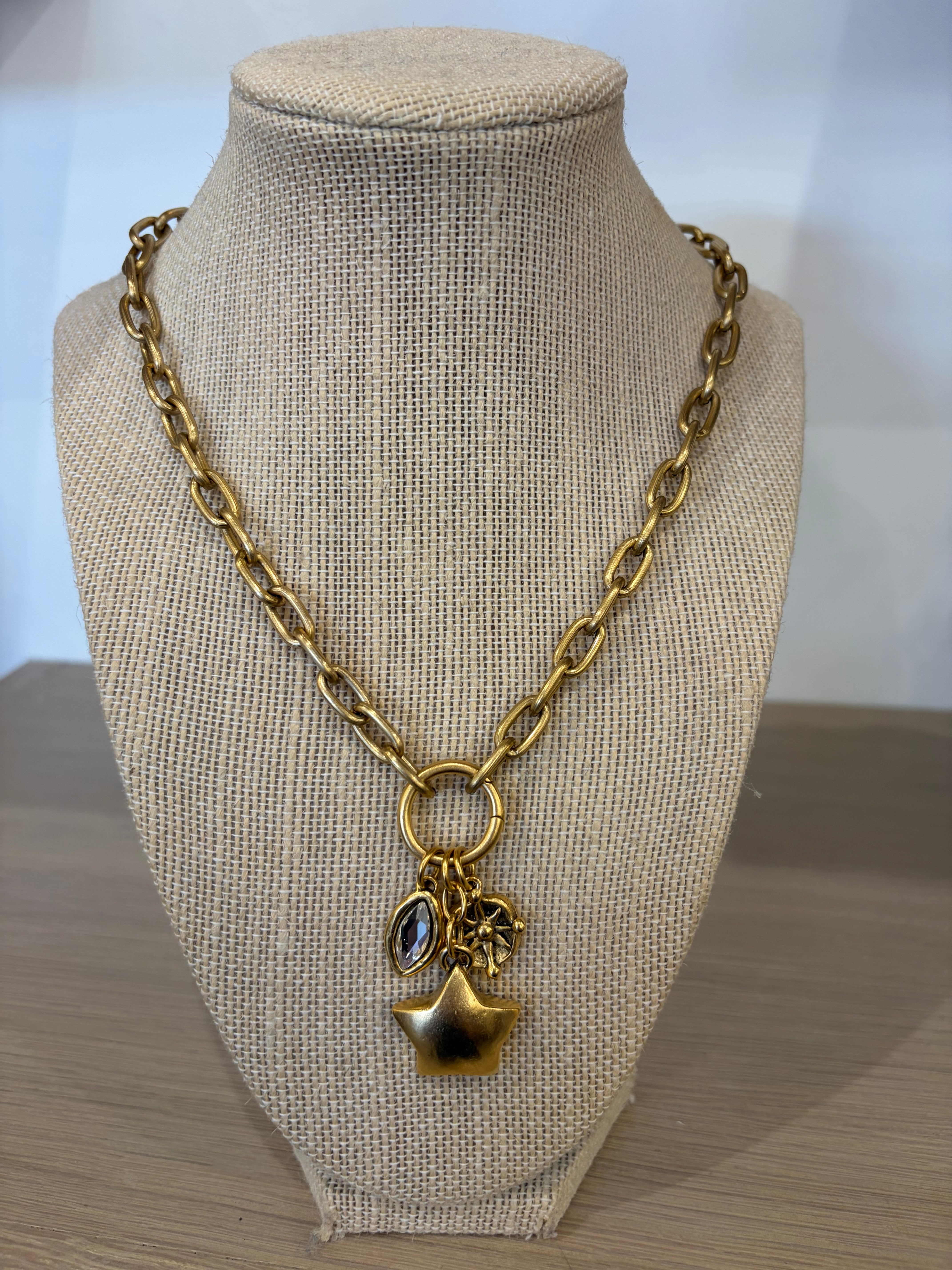 Double Star, Jewel Pendant on Gold Chain